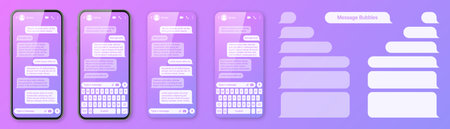 Realistic smartphone with messaging app on colorful violet background. Blank SMS text frame. Chat screen with transparent message bubbles. Social media application. Vector illustrationのイラスト素材