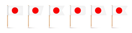 Realistic various Japanese toothpick flags. Souvenir from Japan. Wooden toothpicks with paper flag. Location mark, map pointer. Blank mockup for advertising and promotions. Vector illustrationのイラスト素材