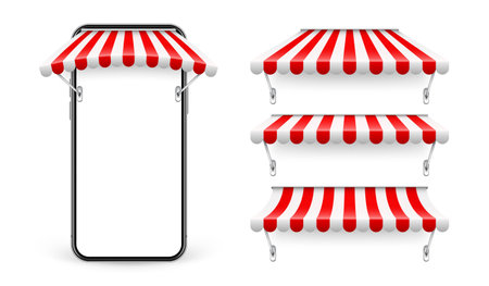 Smartphone with shop sunshade and metal mount, online internet shopping. Realistic red striped cafe awning. Outdoor market tent. Roof canopy. Summer street store. Vector illustrationのイラスト素材