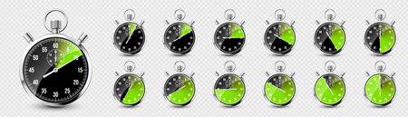 Realistic classic stopwatch. Shiny metal chronometer, time counter with dial. Green countdown timer showing minutes and seconds. Time measurement for sport, start and finish. Vector illustrationのイラスト素材