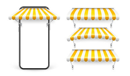 Smartphone with shop sunshade and metal mount, online internet shopping. Realistic yellow striped cafe awning. Outdoor market tent. Roof canopy. Summer street store. Vector illustrationのイラスト素材