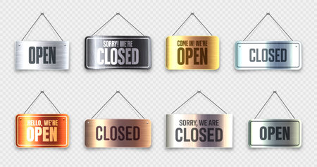 Brushed metal Open and Closed hanging signboards. Vintage door sign for cafe, restaurant, bar or retail store. Announcement banner, information signage for business or service. Vector illustrationのイラスト素材