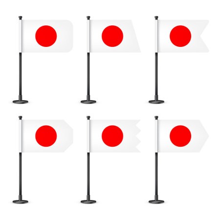Realistic various Japanese table flags on a black steel pole. Souvenir from Japan. Desk flag made of paper or fabric, shiny metal stand. Mockup for promotion and advertising. Vector illustrationのイラスト素材