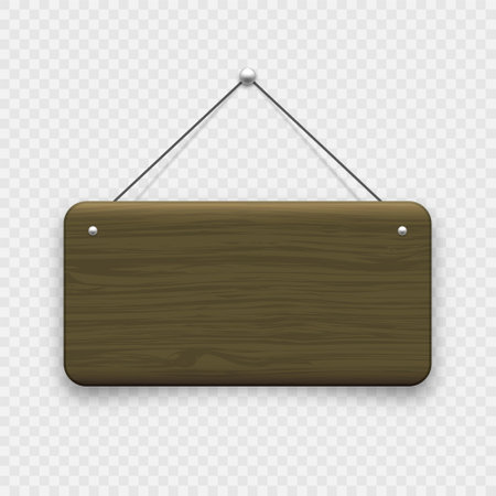 Wooden hanging signboard. Made of wood door sign for cafe, restaurant, bar or retail store. Announcement banner, information signage for business or service. Vector illustrationのイラスト素材