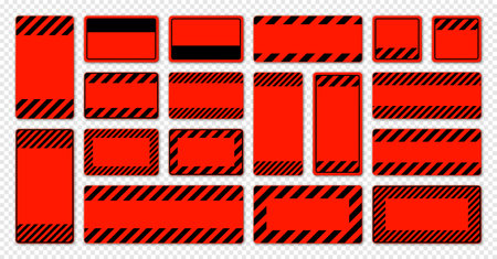 Various blank red warning signs with diagonal lines. Attention, danger or caution sign, construction site signage. Realistic notice signboard, warning banner, road shield. Vector illustrationのイラスト素材