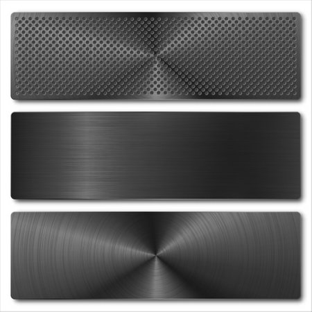 Various realistic black metal banners collection. Brushed steel or aluminium plate, panel with screws. Polished metal surface. Old grunge texture with scratches. Vector illustrationのイラスト素材