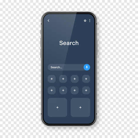 Smartphone with blank internet browser window and search bar, dark mode. Web site engine with search box, address bar and text field. UI design, website interface elements. Vector illustrationのイラスト素材