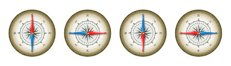 Marine compass, nautical wind rose with cardinal directions of North, East, South, West and degree markings. Geographical position and orientation, cartography and navigation. Vector illustrationのイラスト素材