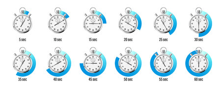 Realistic classic stopwatch. Shiny metal chronometer, time counter with dial. Blue countdown timer showing minutes and seconds. Time measurement for sport, start and finish. Vector illustrationのイラスト素材