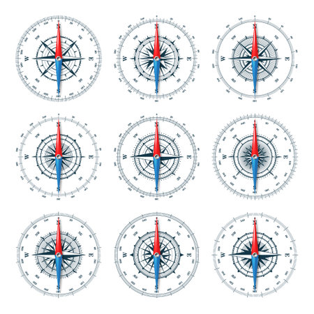 Marine compass, nautical wind rose with cardinal directions of North, East, South, West and degree markings. Geographical position and orientation, cartography and navigation. Vector illustrationのイラスト素材
