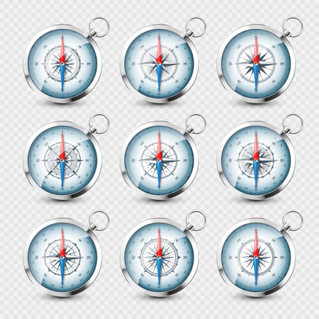 Vintage compass, marine wind rose with cardinal directions of North, East, South, West. Realistic silver navigational compass, shiny metal. Cartography and navigation. Vector illustration.のイラスト素材