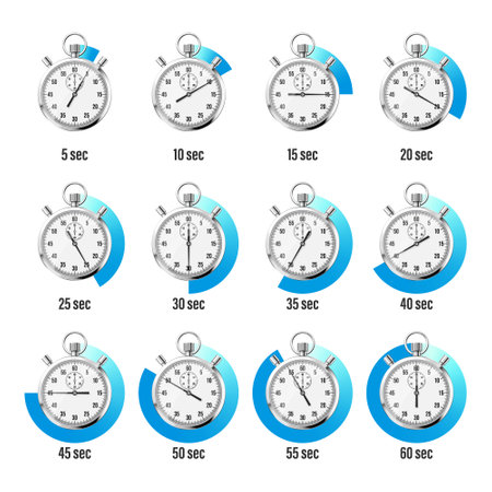 Realistic classic stopwatch. Shiny metal chronometer, time counter with dial. Blue countdown timer showing minutes and seconds. Time measurement for sport, start and finish. Vector illustrationのイラスト素材