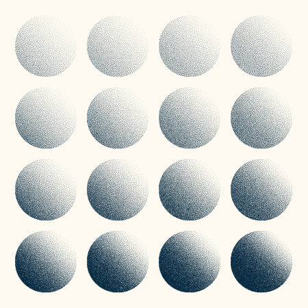 Round shaped dotted objects, vintage stipple elements. Fading gradient. Stippling, dotwork drawing, shading using dots. Halftone disintegration effect. White noise grainy texture. Vector illustrationのイラスト素材