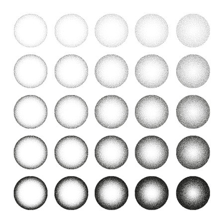 Round shaped dotted objects, stipple elements. Fading gradient. Stippling, dotwork drawing, shading using dots. Pixel disintegration, halftone effect. White noise grainy texture. Vector illustrationのイラスト素材