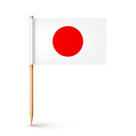 Realistic Japanese toothpick flag. Souvenir from Japan. Wooden toothpick with paper flag. Location mark, map pointer. Blank mockup for advertising and promotions. Vector illustrationのイラスト素材