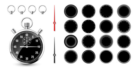 Classic stopwatch with clock faces. Shiny metal chronometer, time counter with dial. Countdown timer showing minutes and seconds. Time measurement for sport, start and finish. Vector illustrationのイラスト素材
