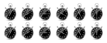 Realistic classic stopwatch. Shiny metal chronometer, time counter with dial. Countdown timer...
