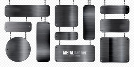 Metal banners hanging on a chain. Realistic shiny steel plate with screws. Polished black metal surface. Vector illustrationのイラスト素材