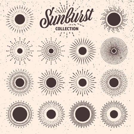 Vintage grunge sunburst, sunset beams. Hand drawn bursting sun, light rays. Logotype or lettering design element in retro style. Vector illustrationのイラスト素材