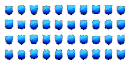 Set of various vintage 3d shield icons. Black heraldic shields. Blue protection and security symbol, label. Vector illustrationのイラスト素材