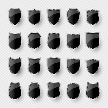 Set of various vintage 3d shield icons. Black heraldic shields. Protection and security symbol, label. Vector illustrationのイラスト素材