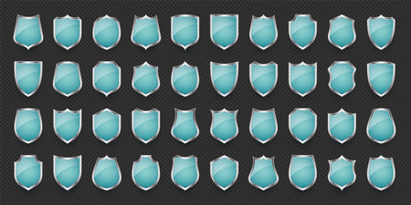 Set of vintage glass 3d shield icons. Blue heraldic shields. Black protection and security symbol, label. Vector illustrationのイラスト素材