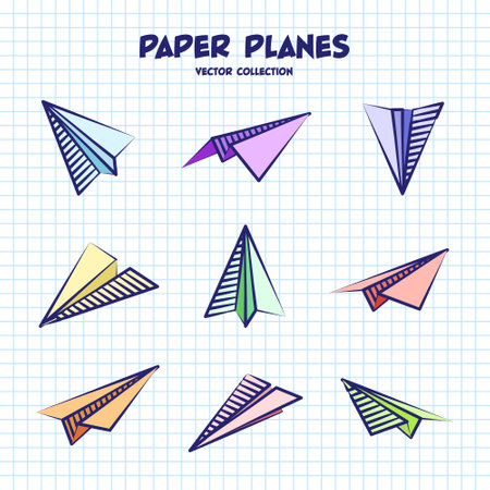 Hand drawn planes on checkered paper sheet. School notebook for drawing. Doodle airplane. Aircraft icon, simple colorful plane silhouettes. Outline, line art. Vector illustrationのイラスト素材