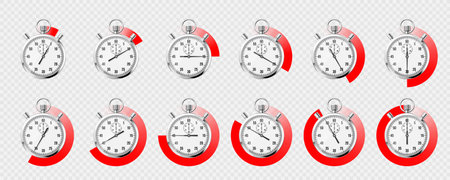 Realistic classic stopwatch. Shiny metal chronometer, time counter with dial. Red countdown timer showing minutes and seconds. Time measurement for sport, start and finish. Vector illustrationのイラスト素材