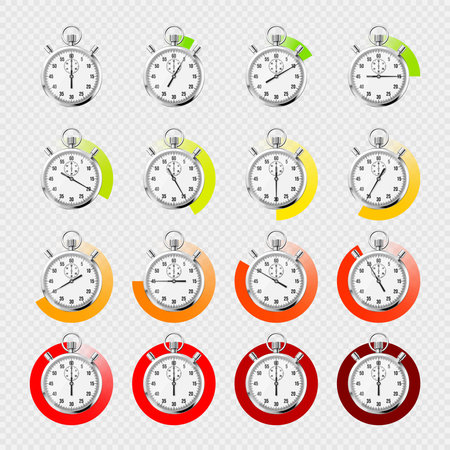 Realistic classic stopwatch. Shiny metal chronometer, time counter with dial. Colorful countdown...