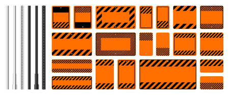 Warning, danger signs, attention banners with metal poles. Blank orange caution sign, construction site signage. Notice signboard, warning banner, road shield. Vector illustrationのイラスト素材