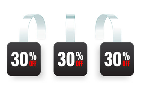 Supermarket promotional wobblers. Realistic black wobbler template for shelf advertising, 30 percent off discount. Sale label with ad text. Special offer price tag. Vector illustrationのイラスト素材