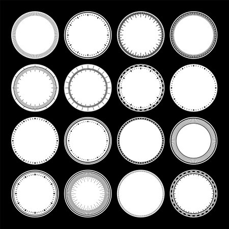 Mechanical clock faces, bezel. Watch dial with minute and hour marks. Timer or stopwatch element. Blank measuring circle scale with divisions. Vector illustration.のイラスト素材