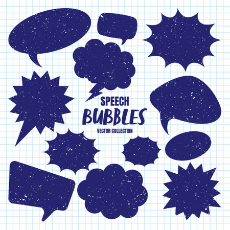 Hand drawn comic speech bubbles on checkered paper sheet. School notebook for drawing. Grunge retro cartoon stickers. Chatting, message box. Vector illustrationのイラスト素材