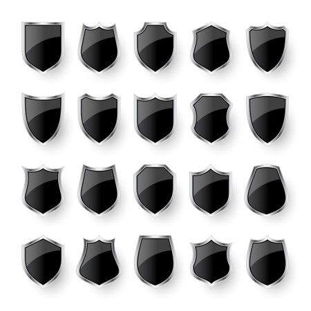 Set of various vintage 3d shield icons. Black heraldic shields. Protection and security symbol, label. Vector illustrationのイラスト素材