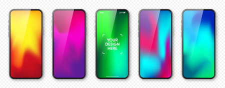 Smartphone with touch screen and abstract colorful background, wallpaper. Frameless mobile phone in front view. High quality detailed device mockup. Vector illustrationのイラスト素材