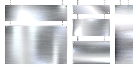 Metal banners hanging on a chain. Realistic shiny steel plate with screws. Polished silver metal surface. Vector illustrationのイラスト素材