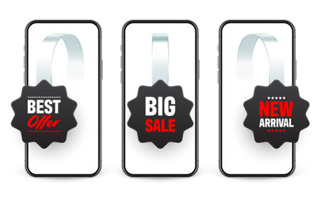 Supermarket promotional wobblers and smartphone. Realistic wobbler for shelf advertising. Sale or...