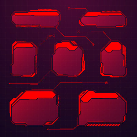 Red futuristic HUD or UI elements. Sci-fi user interface text boxes, callouts. Warning message frames, information boxes template. Modern game interface layout in digital style. Vector illustrationのイラスト素材