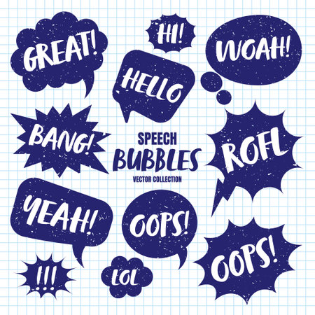 Hand drawn comic speech bubbles on checkered paper sheet. School notebook for drawing. Grunge retro cartoon stickers. Chatting, message box. Vector illustrationのイラスト素材