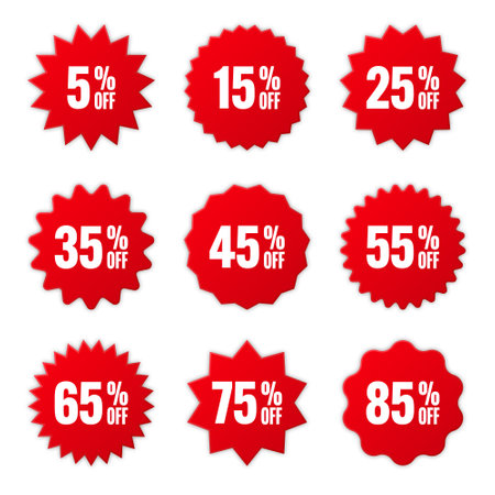 Price tags collection, special offer or shopping discount label with percent, discount percentage value. Red retail paper sticker. Promotional sale badge. Vector illustrationのイラスト素材