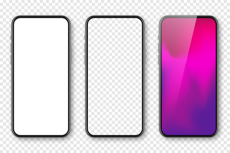 Smartphone with blank touch screen and abstract colorful background, wallpaper. Frameless mobile phone in front view. High quality detailed device mockup. Vector illustrationのイラスト素材