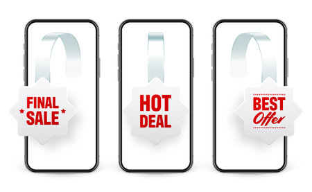Supermarket promotional wobblers and smartphone. Realistic wobbler for shelf advertising. Sale or discount label with ad text. Special offer price tag. Online, web shop concept. Vector illustrationのイラスト素材