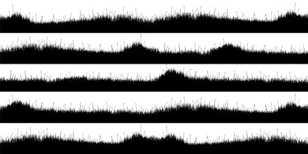 Meadow silhouettes with grass, plants on plain. Panoramic summer lawn landscape with herbs, various weeds. Herbal border, frame element. Black horizontal banners. Vector illustrationのイラスト素材
