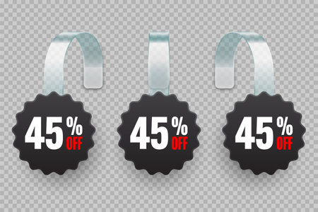 Supermarket promotional wobblers. Realistic black wobbler template for shelf advertising, 45 percent off discount. Sale label with ad text. Special offer price tag. Vector illustrationのイラスト素材