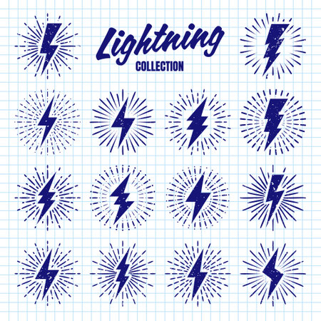 Set of vintage hand drawn lightning bolts and sun rays on checkered paper sheet. Lightnings with sunburst effect. Thunderbolt, electric shock sign. Vector illustrationのイラスト素材