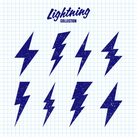 Hand drawn lightning bolt icons with grunge texture on checkered paper sheet. Vintage flash symbol, thunderbolt. Simple lightning strike sign. Vector illustrationのイラスト素材