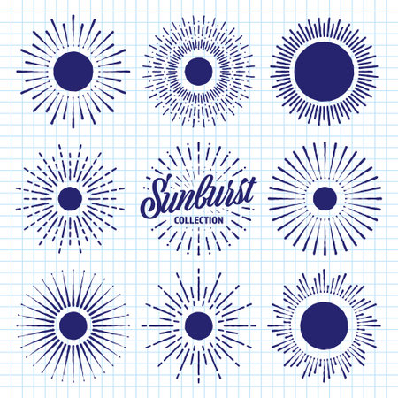 Hand drawn vintage sunburst, sunset beams on checkered paper sheet. Bursting sun, light rays. Logotype or lettering design element in retro style. School notebook for drawing. Vector illustrationのイラスト素材