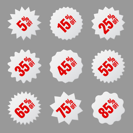 Price tags collection, special offer or shopping discount label with percent, discount percentage value. White turned retail paper sticker. Promotional sale badge. Vector illustrationのイラスト素材