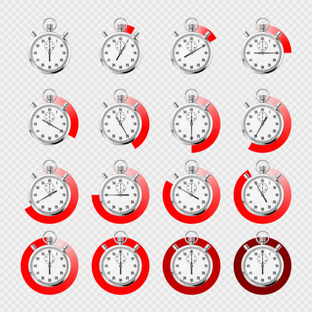 Realistic classic stopwatch. Shiny metal chronometer, time counter with dial. Red countdown timer showing minutes and seconds. Time measurement for sport, start and finish. Vector illustrationのイラスト素材