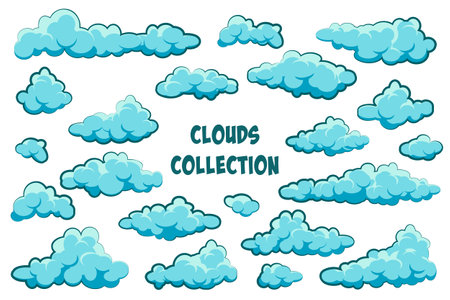 Painted cartoon clouds on blue background. Simple hand drawn round cloud, summer sky panorama, cloudscape. Flat design. Vector illustrationのイラスト素材